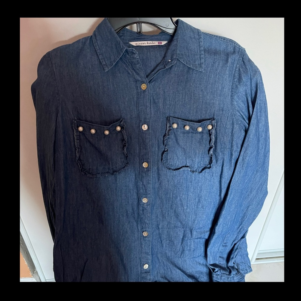 slim fit denim blouse with pearls